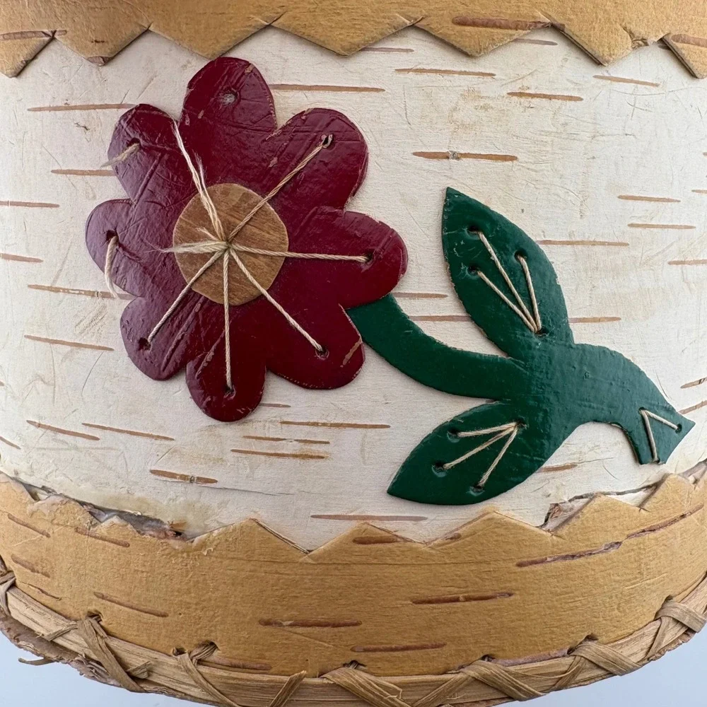 Vintage Handcrafted Birch Bark Floral Applique Storage Box with Lid Rustic Folk
